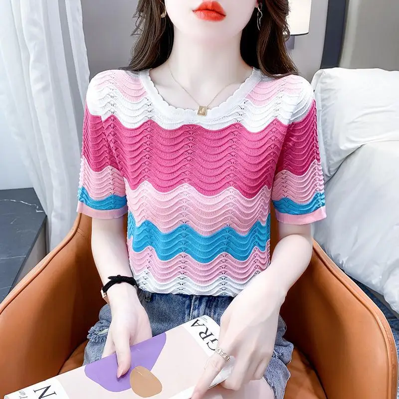 Fashion O-Neck Striped Knitted Hollow Out Color Blouses Women's Clothing 2024 Summer New Loose All-match Tops Sweet Shirts