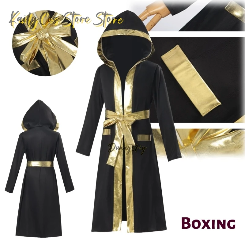 

Children Boys Boxing Robe Boxer Costumes Exercise Sets Long Sleeve Metallic Trim Satin Hooded Cloak+Belt For Halloween Cosplay