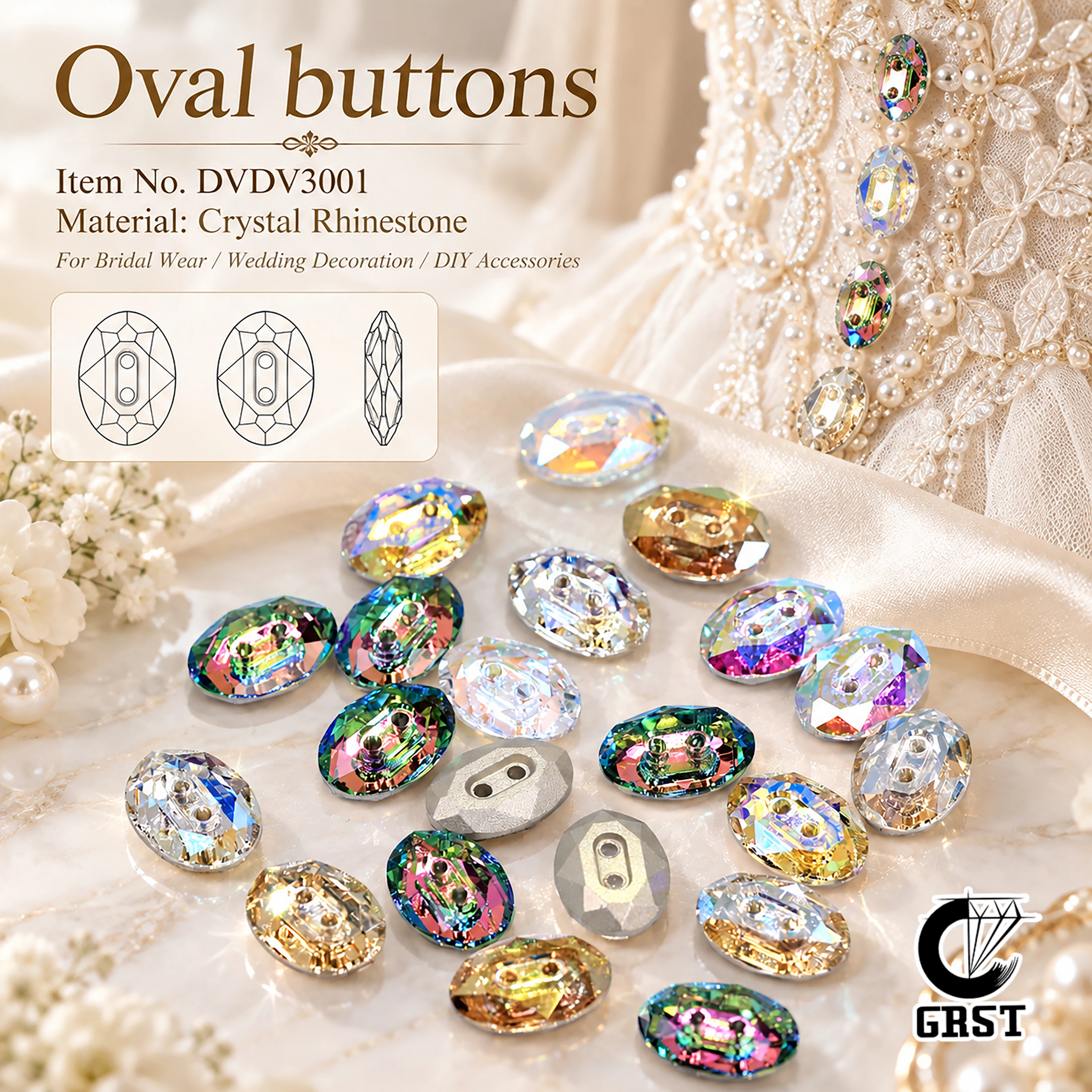 AB Oval Crystal Rhinestone Buttons 2-Hole Sew-on Flatback for Wedding Dress Coat Shirt DIY Sewing Garment Accessories Wholesale