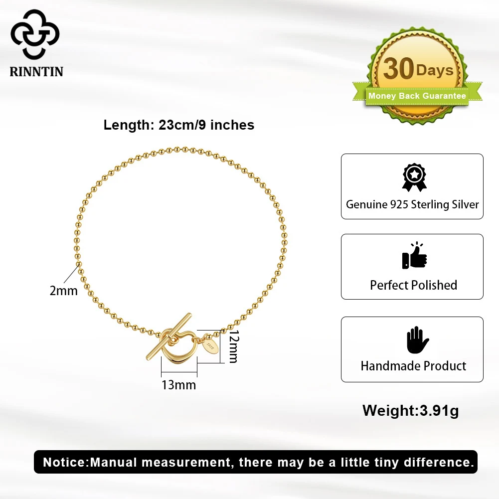 Rinntin Genuine 925 Sterling Silver 2.0mm Bead Anklet for Women with Heart Toggle Clasp Foot Ankle Straps Jewelry SA68