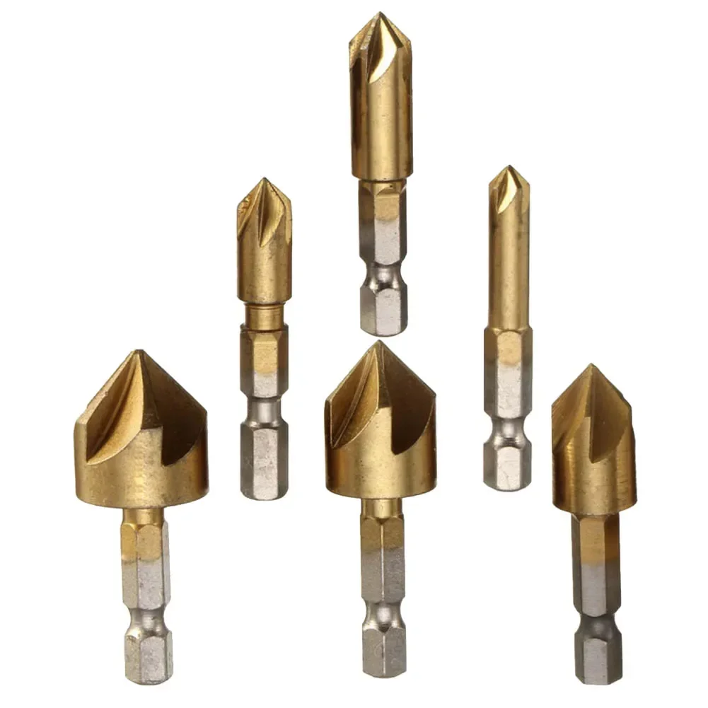 Mata bor, mata bor chamfer, alat bor Countersink untuk pekerjaan kayu dan lubang membuka 1/4 inci Hex Shank 6 ukuran tersedia