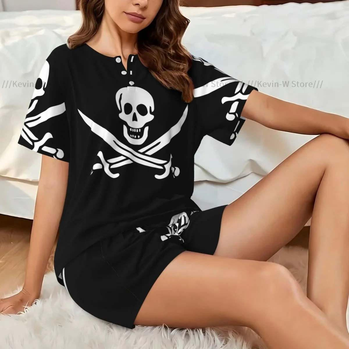 

Women Pajamas Set Short Sleeve Jolly Roger Flag Black Pearl Sleepwear Loungewear for Summer Nightwear