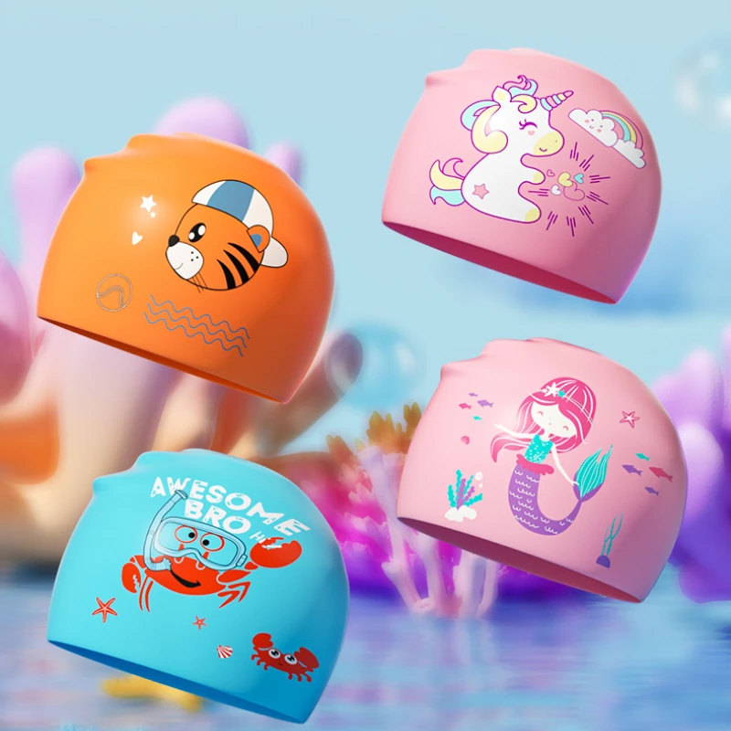 New Cartoon Cute Children's Silicone Swimming Cap Boys Girls Professional Ear Protection Swim Cap for Kids Children Swmming Hat