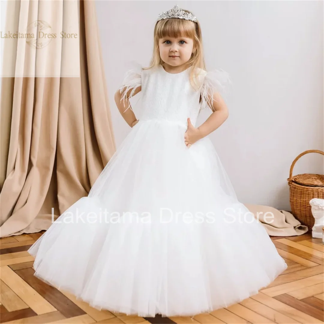 Tule Applique Manga Pluma Vestidos para Meninas, Flor Rosa, Casamento, Banquete de Aniversário, Vestidos de Primeira Comunhão