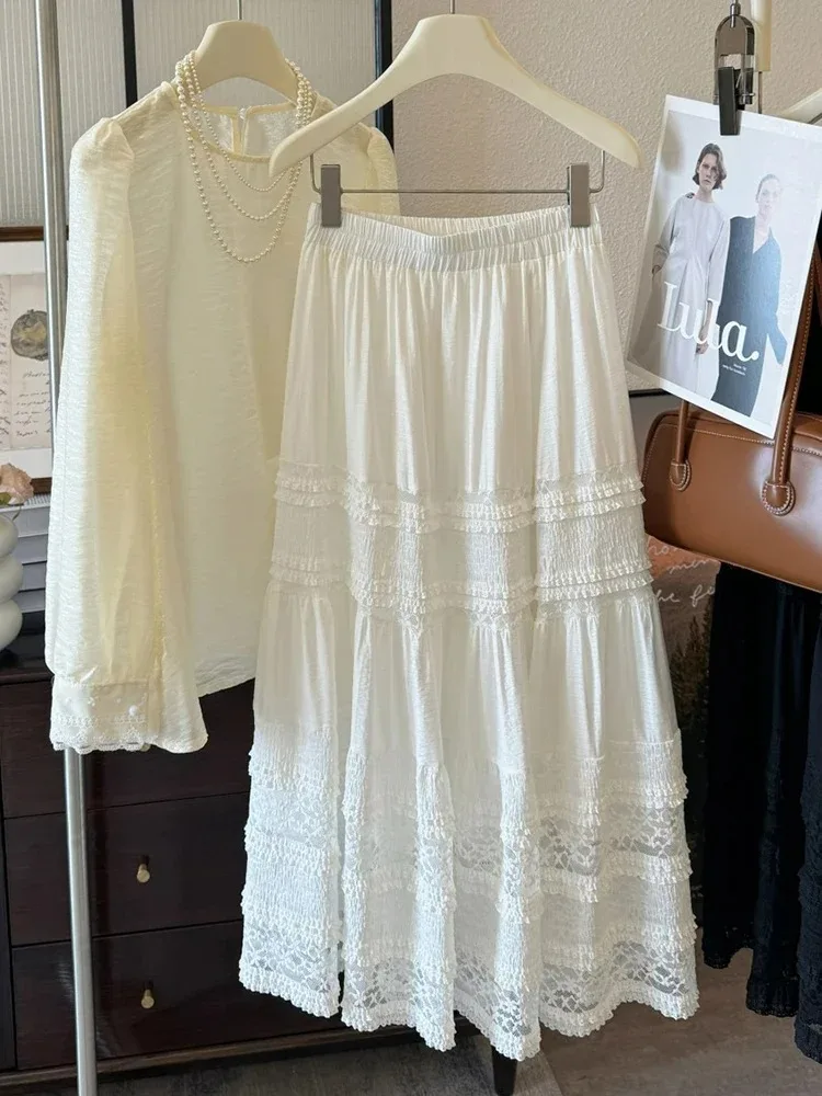 

Elegant White A-Line Skirt Women 2025 Summer New Lace Patchwork Long Skirt Casual Versatile