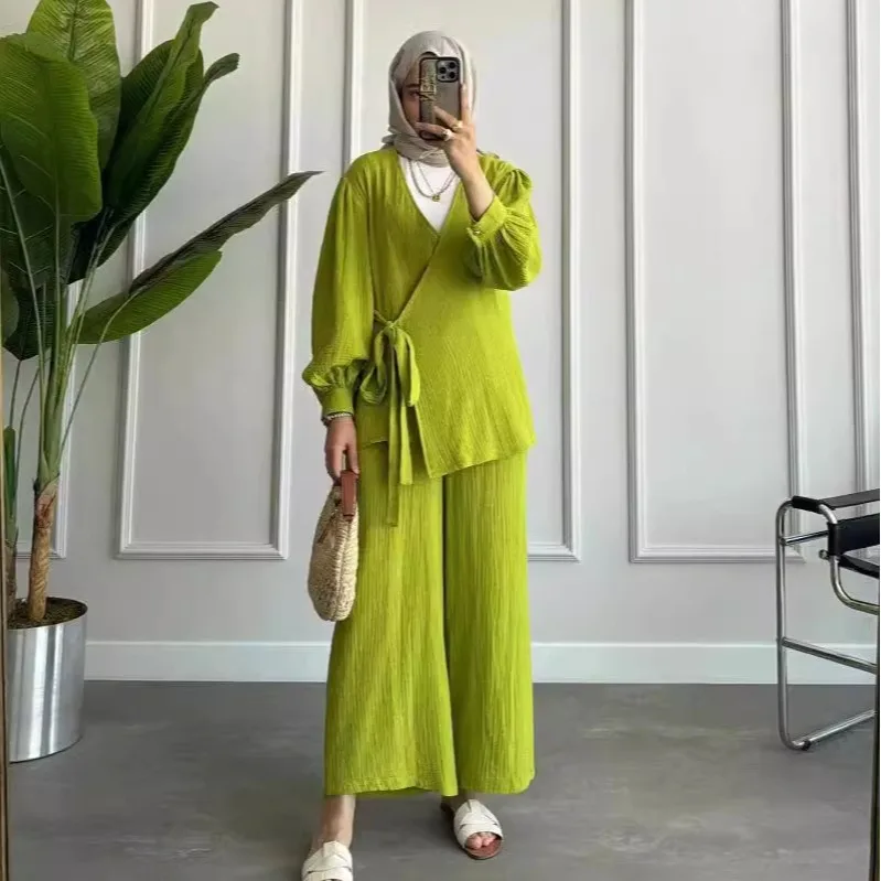 

New Arrivals Muslim Sets 2 Pcs Fashion Solid Color Tunic Top and Wide Leg Pant Set Islamic Clothing Arab Women's Clothing Suit