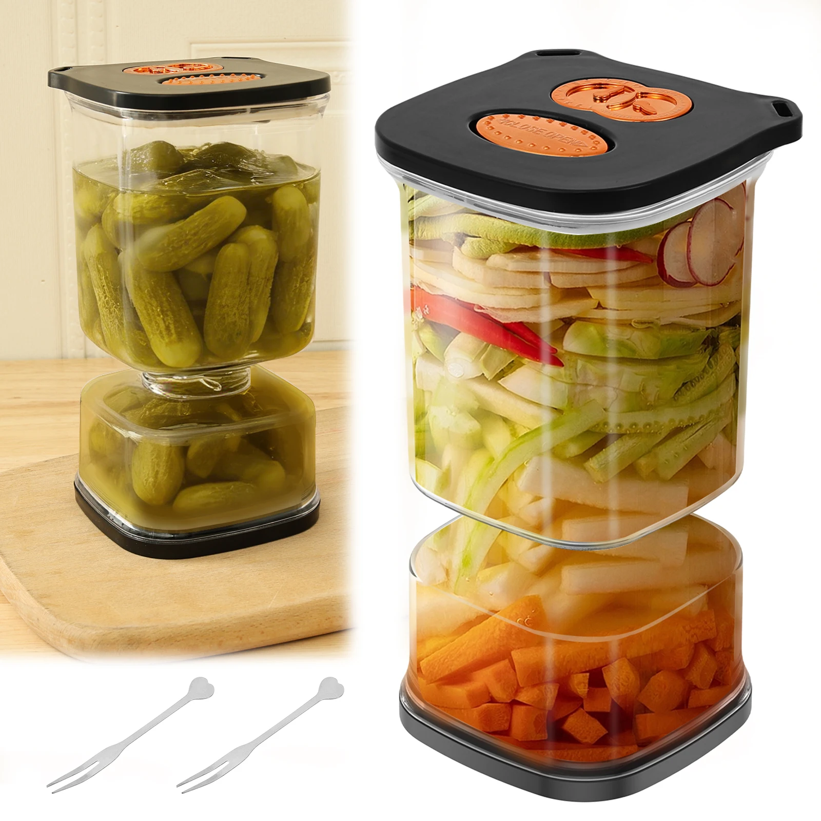 Glass Pickles Jar with Lids Strainer Olives Hourglass Jug Food Storage Kimchi Container Jalapenos Fermentation Kitchen Separator