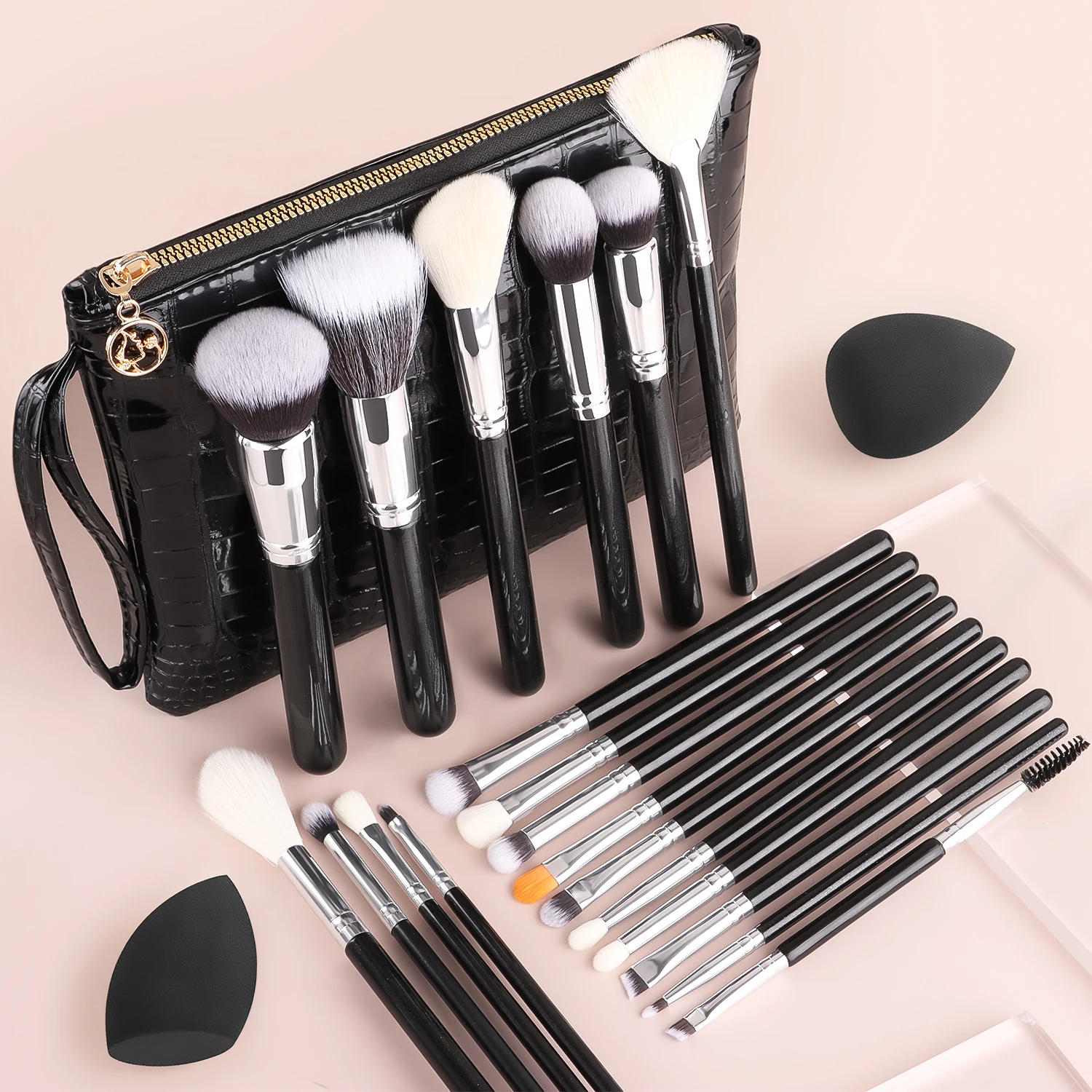 20Pcs Black Makeup Brushes Set with Beauty Sponge Puff Crocodile Texture Bag Foundation Eye Makeup Tools