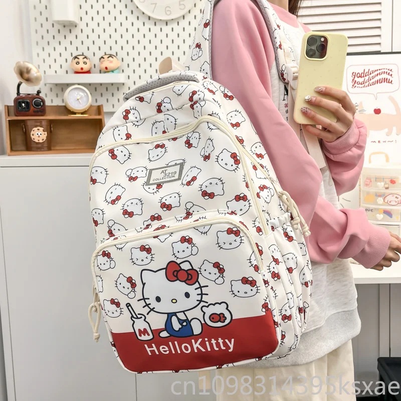 

Sanrio Hello Kitty White Nylon School Backpack Women Girls School Bag with Water Bottle Holder Lightweight Student Book Bag
