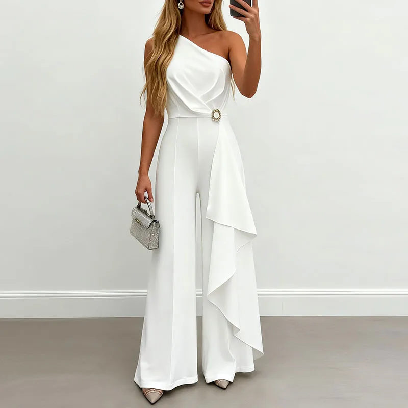 

Temperament Slash Collar Wide Leg Jumpsuits Summer Sleeveless Hollow Out High Waist Rompers Elegant Lady Solid Commute Playsuits