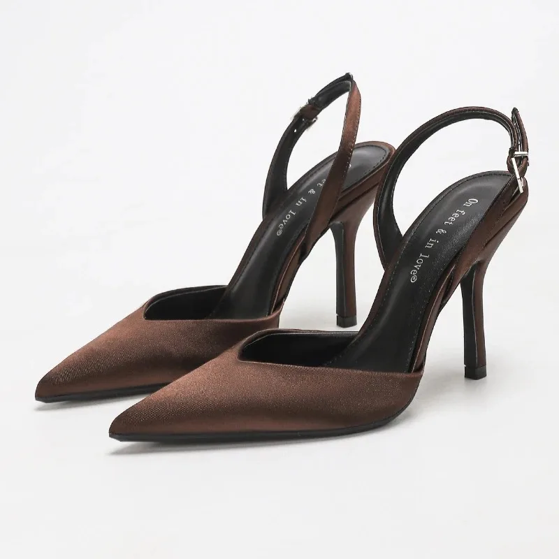 

Elegant Satin Pointed Toe Women's High Heels Shoes Sexy Buckle Slingback Sandals High Quality Comfortable Office Shoes Woman