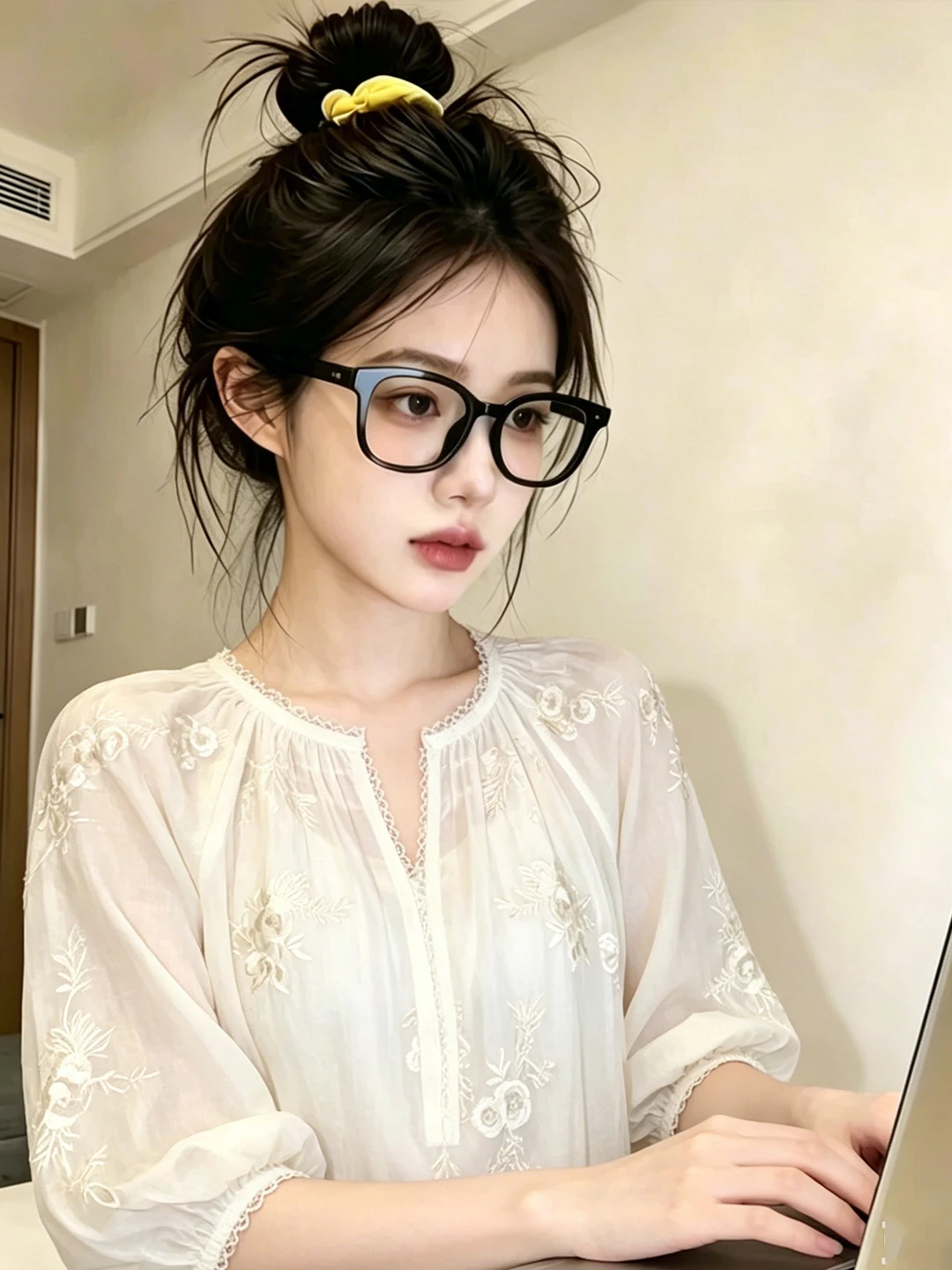 

New Chinese Style V-Neck Embroidered Shirt Women Summer 2026 Bubble Sleeve Top Commute Fashion Korean Version Polyester Fiber