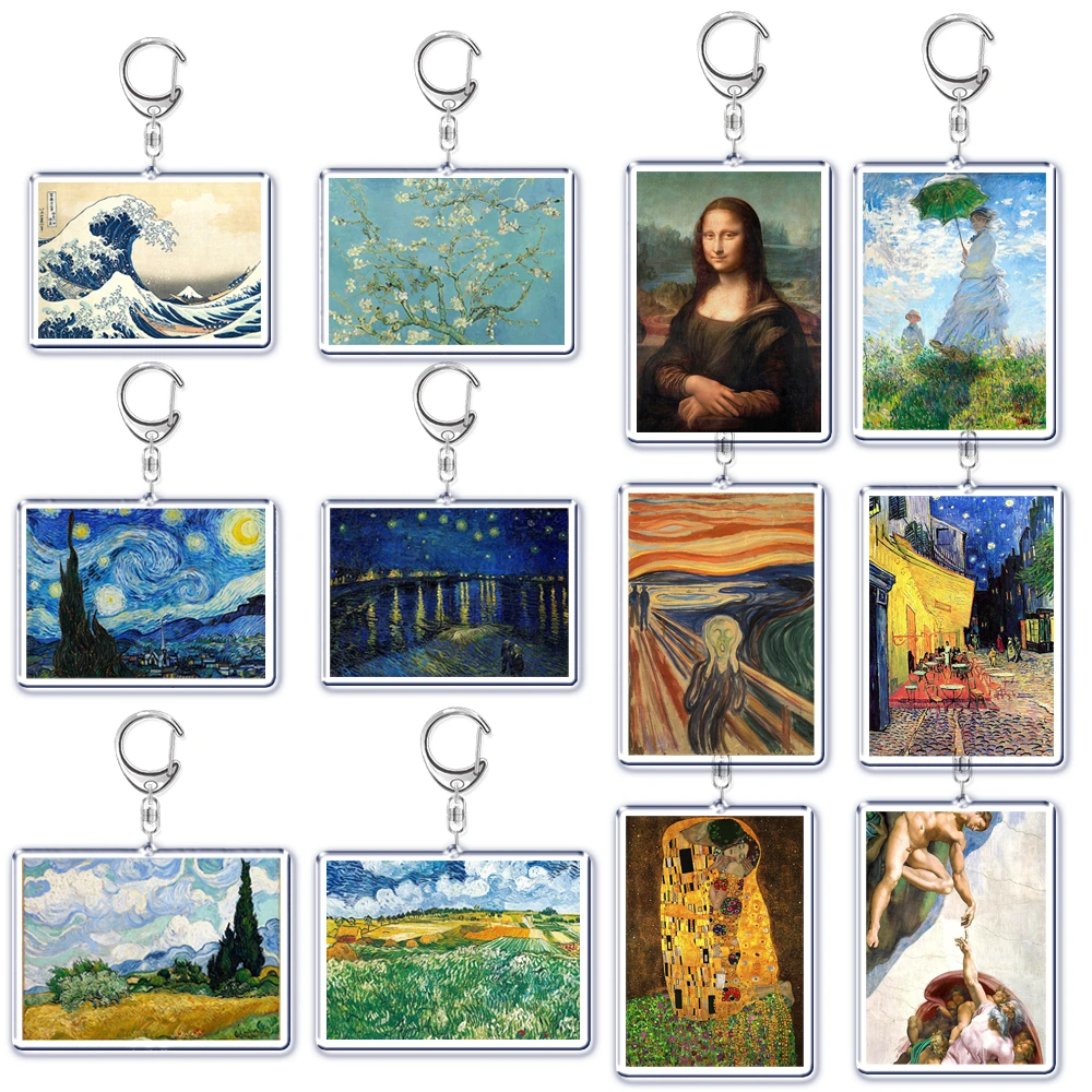 Hot Classic Oil Painting Keychain for Accessories Bag Pendant Van Gogh Monet Art Sunflower Key Chain Ring Keychains Jewelry Gift
