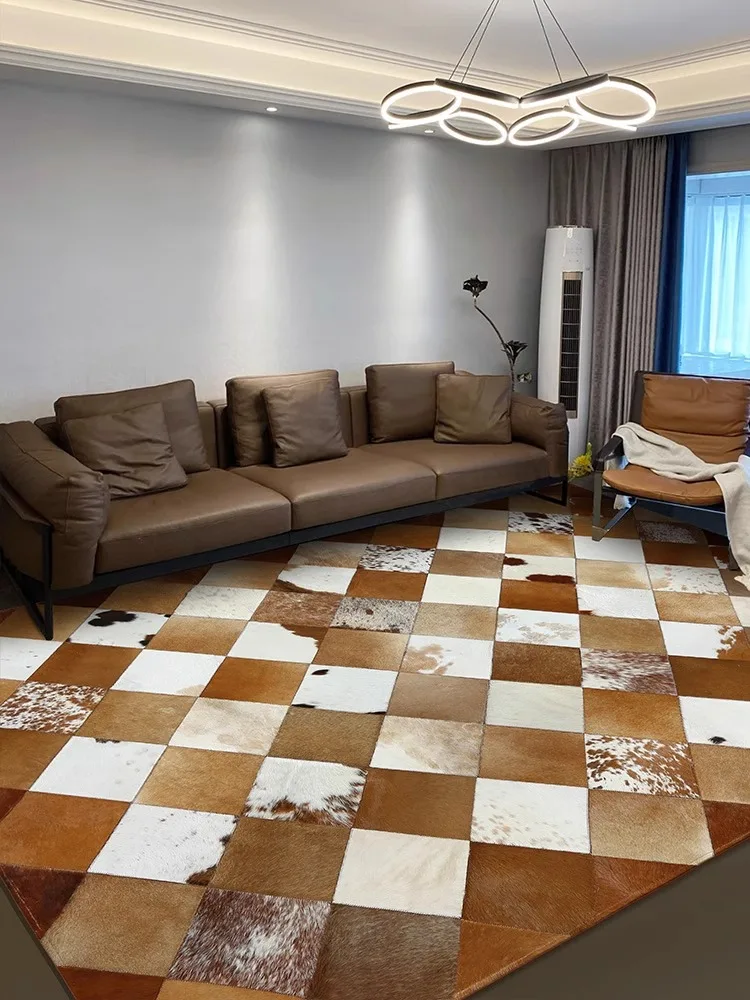 American Style Genuine Cowhide Rug Living Room Brown Plaid Cow Fur Patchwork Carpet Bedroom Handmade Natural Cowhide Carpet