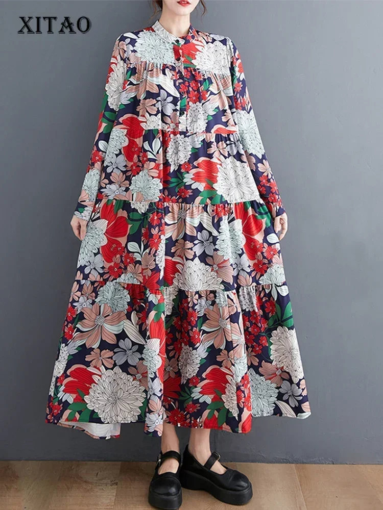 

XITAO Loose Casual Full Sleeve Dress Fashion Stand Collar Print Simplicity All-match 2025 Spring Women New Dress DMJ2359