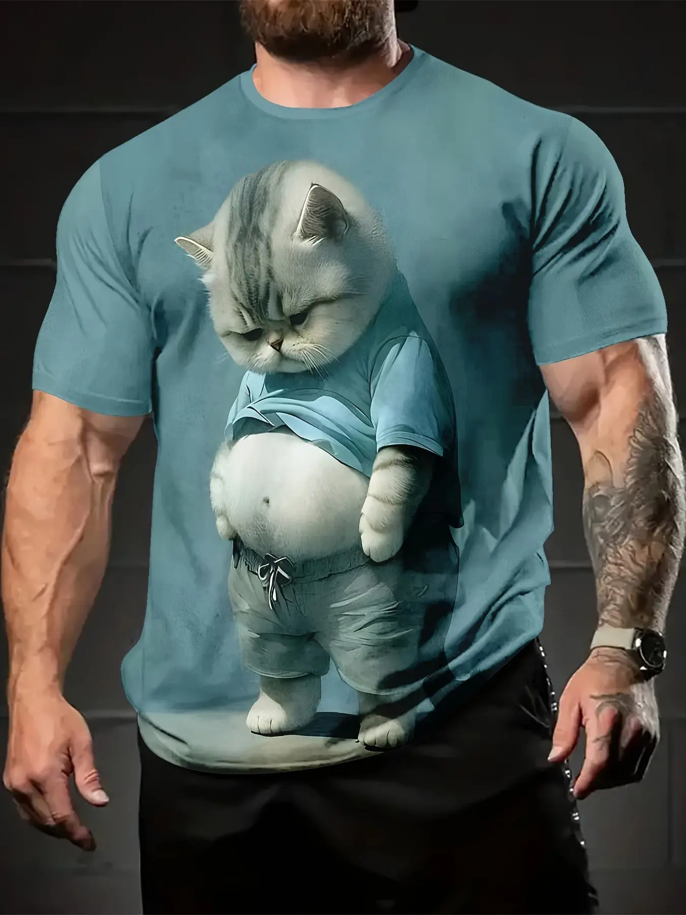 Herren T-Shirt Cartoon Niedliche Katzengruppe 3D-Druck Kurzarm Rundhals Sommer Lustige Streetwear Lässige Mode Oberteile Herrenbekleidung – Detail 3