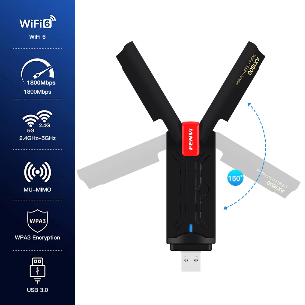 Fenvi-Adaptador Dongle Sem Fio, USB 3.0, WiFi 6, Dual Band, 2.4G, 5Ghz, 1800mbps, 802.11ax, Receptor WiFi para Win7, 10, 11