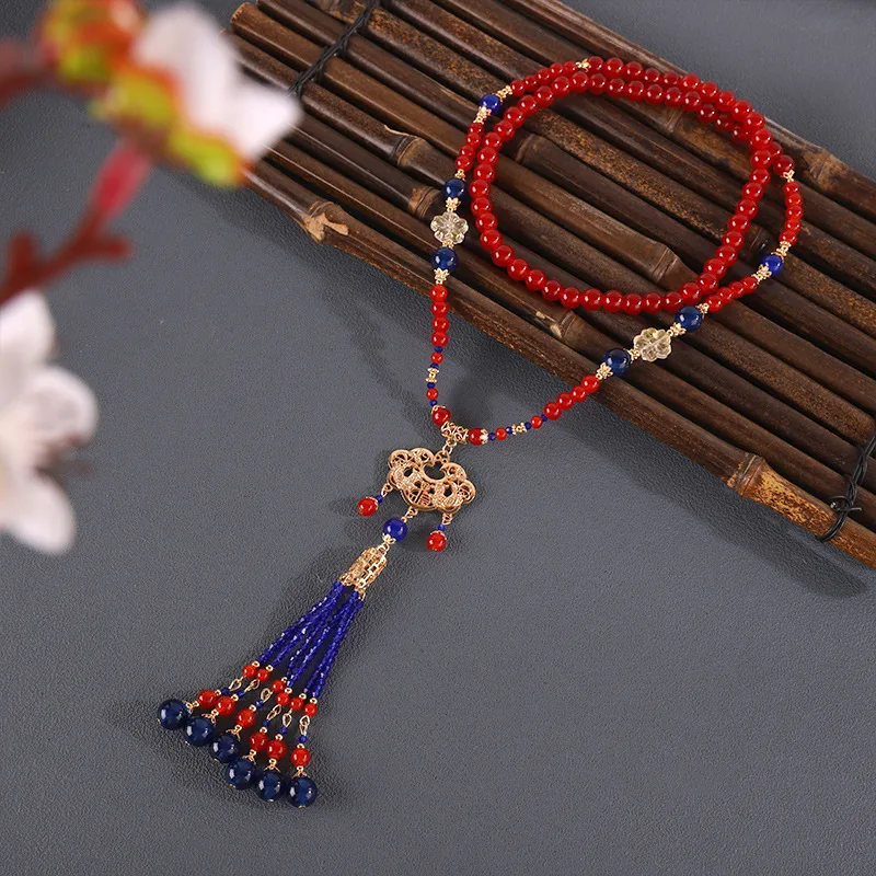 Y2k Chinese Style Necklace Antique Long Ming Style Wreaths Horse-Faced Skirt Cheongsam Hanfu Accessories Long Back Cloud Tassel
