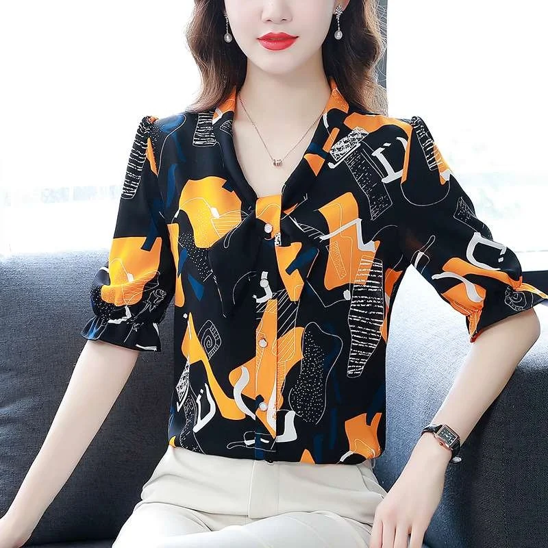 

Summer New Faionable All-Matching V-Ne Printing Loose Blouse Clean Fit Poly Fabric Petal Sve Thin Five-Quarter Length
