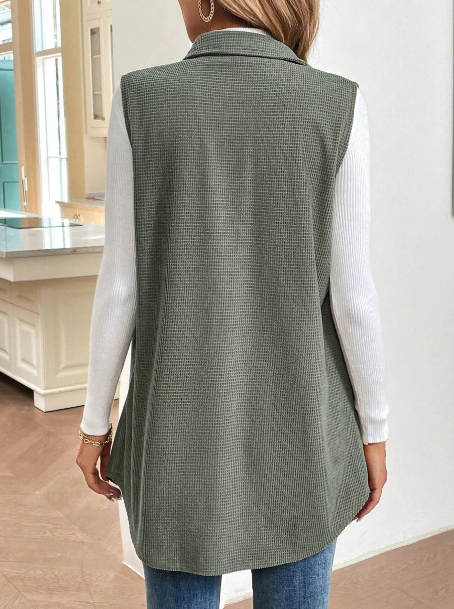 เสื้อกั๊กยาวถักลายวาฟเฟิลลำลองสำหรับผู้หญิง เสื้อแจ็คเก็ตแบบไม่มีแขนติดกระดุมพร้อมกระเป๋า เสื้อคลุมคอปกแบบมีปกสำหรับใส่เป็นชั้นใน