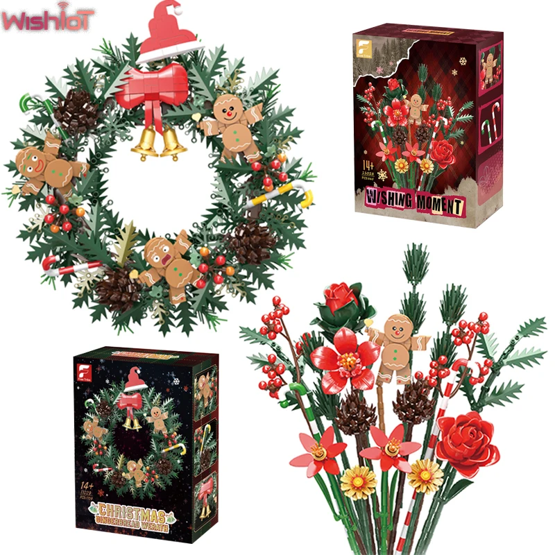 MOC Christmas Wreath Bouquet Building Blocks Festive Flower Decorations Photo Props Desktop Ornaments Assembly Toys Holiday Gift