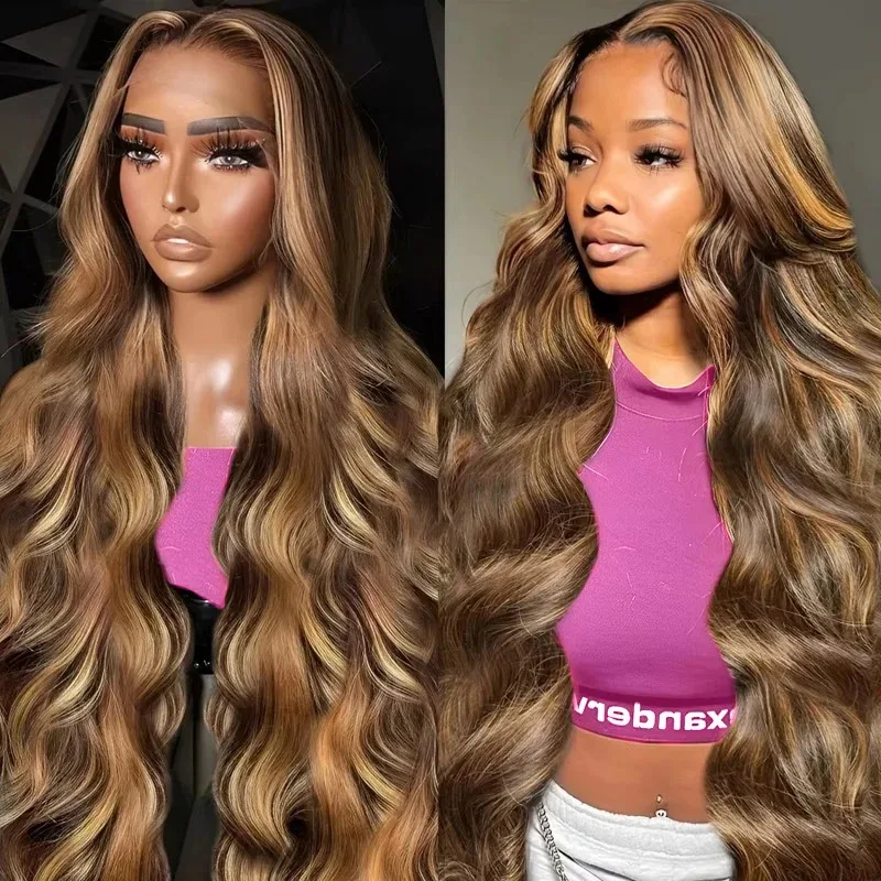 

Парик из натуральных волос 30-40 дюймов, P4/27 Highlight, 13x6 HD Lace Frontal, 200% плотность, 13x4 Body Wave, медово-русый/коричневый