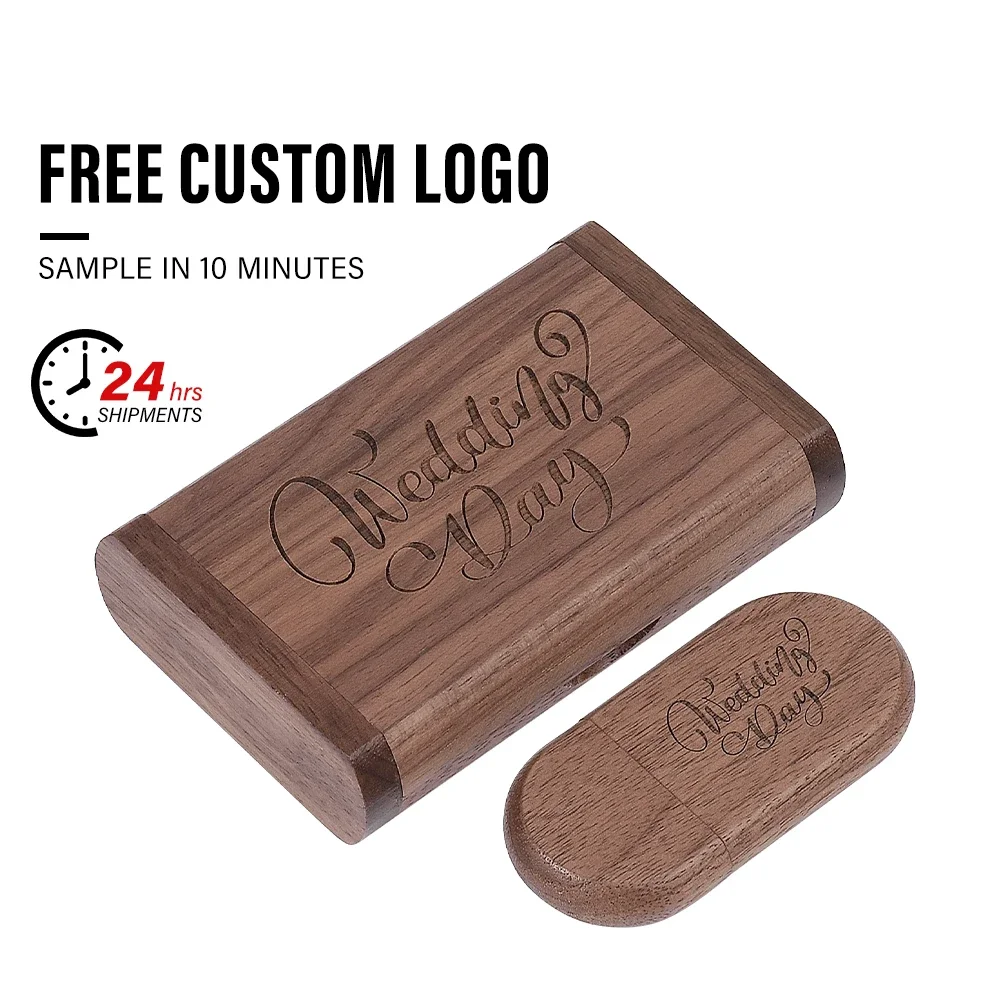 Free Custom Logo Wooden Box USB Flash Drive 16GB 32GB 64GB 128GB Oval Pen Drive Wedding Photography Gifts Memory Stick U Disk