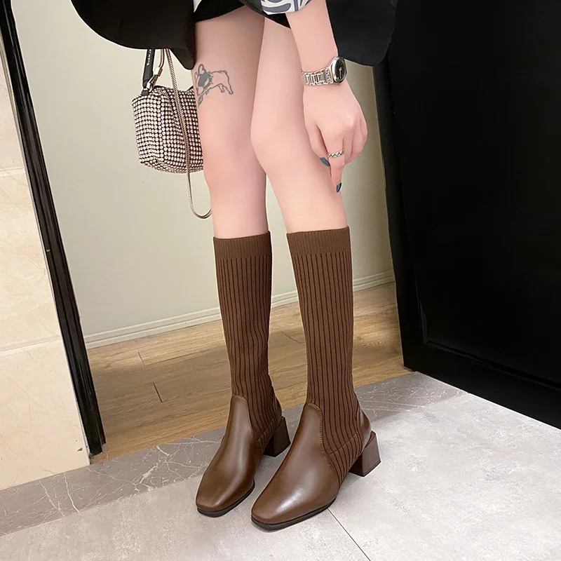 Knee High Sock Boots for Women 2024 Style Hot Selling Women\'s Long Shoes Women\'s Elegant Autumn Wedge Heel Elastic Hot Selling