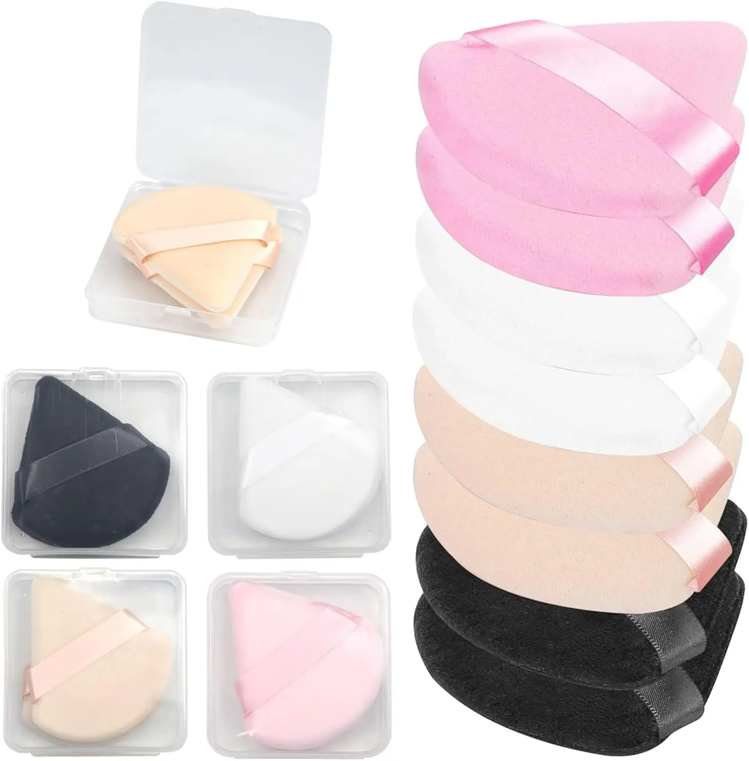 8pcs Velour Powder Puff Set w/4 Travel Cases | Triangle Reusable Makeup Puffs for Loose/Foundation Powder | Cosmetic Sponge Kit