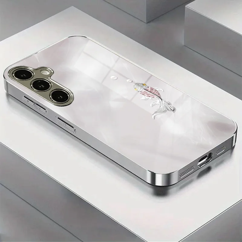 Koi Pearl Dream Electroplated Glass Phone Case for Samsung Galaxy S26 S25 S24 S23 S22 S20 FE/Ultra/Plus anti drop Cover