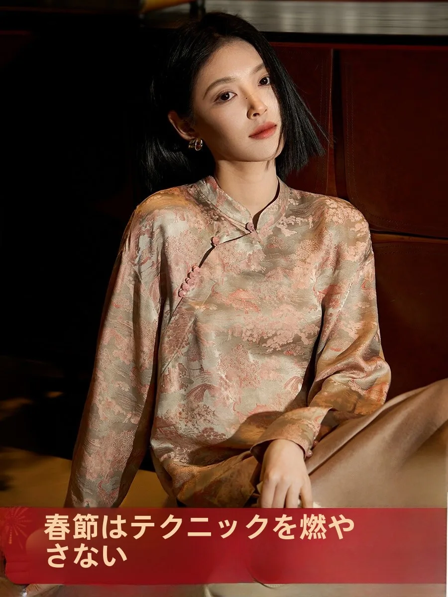 

Новая китайская женская шелковая блузка с длинным рукавом в национальном стиле, маленькая шелковая блузка, новая весенняя мода для женщин среднего возраста