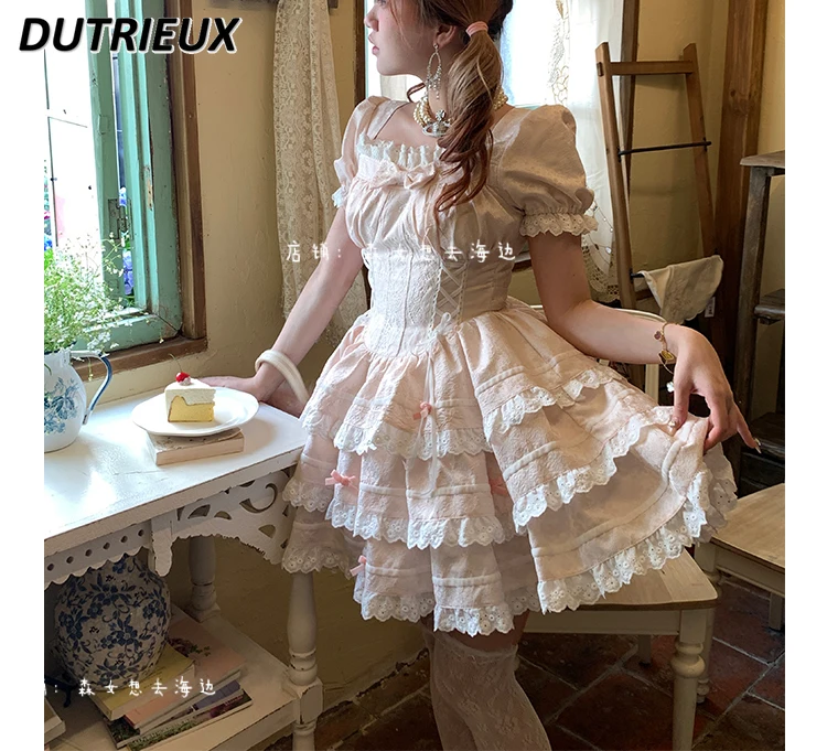 Japanese Original Sweet Girl Fresh Cute Light Pink Cake Dress Summer Puff Short Sleeve Bow Tie Waist Dresses for Women