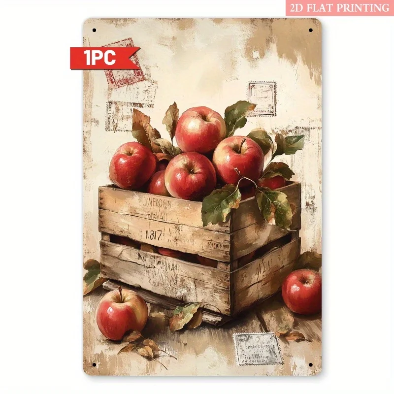 Vintage Red Apples Crate Metal Wall Art – Rustic Farmhouse Tin Sign for Kitchen or Dining Room, 8x12 Inch Country Decor