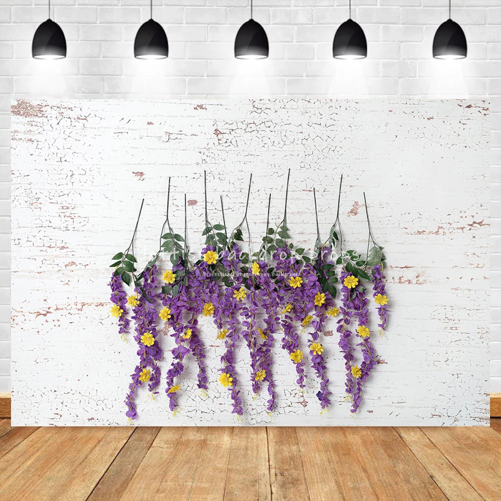 Purple Floral Brick Wall Backdrops Girl Kids Photography Birthday Cake smash Props Party Decors Adult Portrait Garden Background image 3