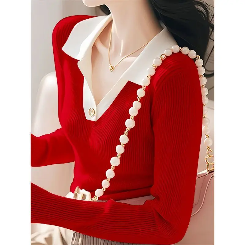 Women's Clothing Peter Pan Collar Autumn Winter Solid Color Pullover Long Sleeve Sweater Knitted Elegant Casual Trendy Tops