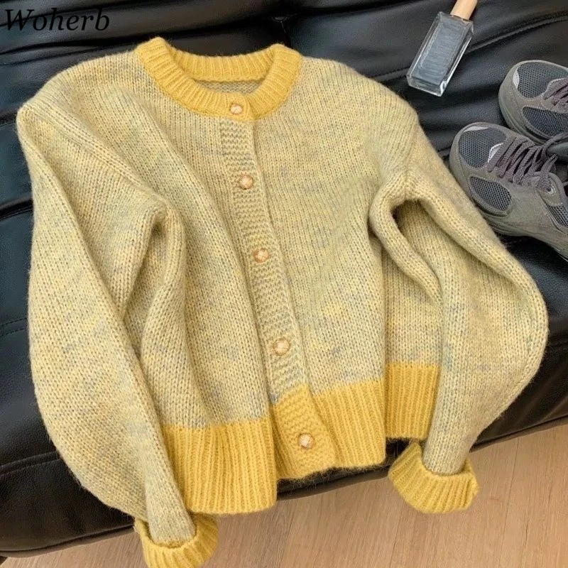 

Sueter Mujer Women Clothing Knitwear Cardigan O-neck Patchwork Vintage Fashion Tops Chic Knitting Single Breasted Korean Sweater