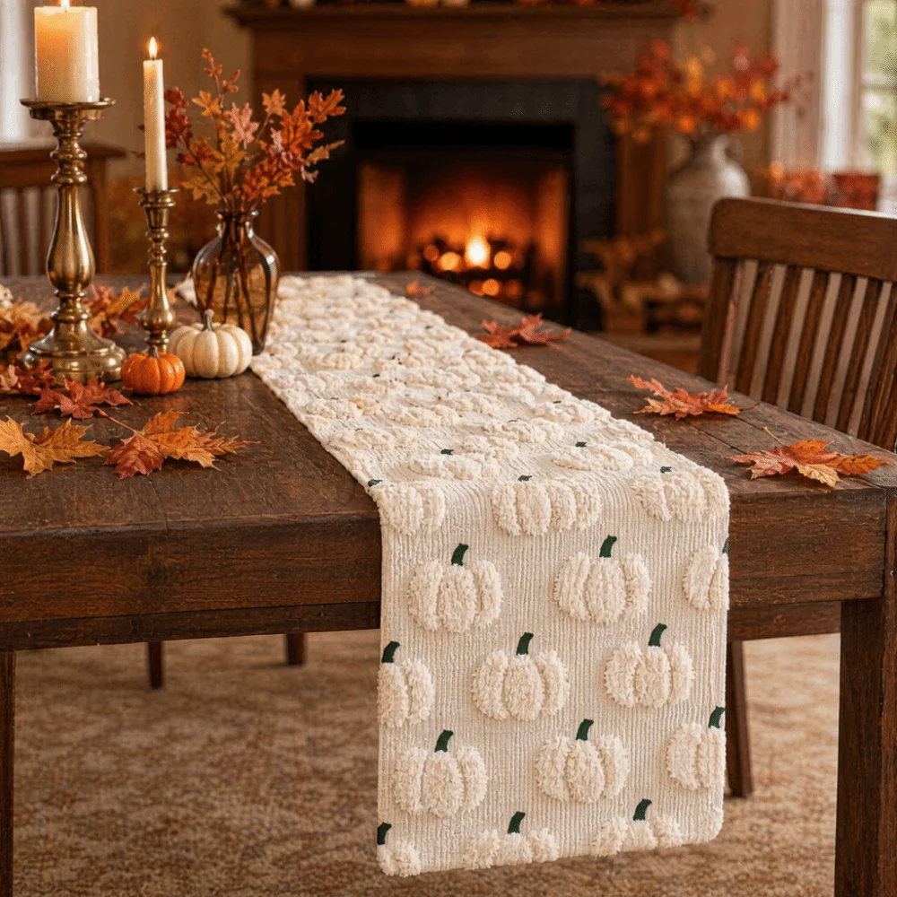 Comfortable Halloween Table Runner Soft Texture Long Pumpkin Table Cover Rectangular Creative 3D Tufting Dining Tablecloth