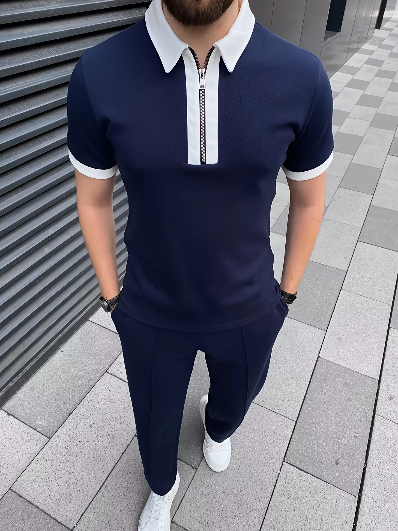

Daily Casual Mens Short Sleeve Outfits Spring Summer Leisure Zipper Lapel Polo Shirt And Pants Two Piece Sets Men Vintage Suits