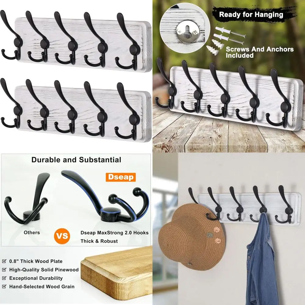 

Двойная настенная деревянная вешалка для одежды с 5 крючками, усиленная, белая и черная