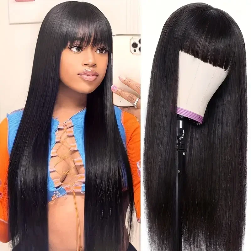 30 Inch Malaysia Straight Full Machine Made Pruik Met Bang 180% Natuurlijke Menselijk Haar Pruik Voor Vrouwen Pre-Tokkelde Remy Hair Goedkope Pruiken