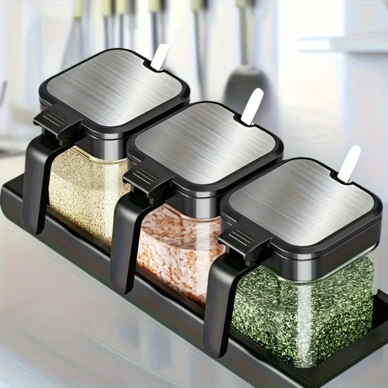 

Seasoning Box 3 Glass Spice Jars with Spoons Kitchen Salt Seasoning Jars Glass Combination Household Sealed Bottling Container