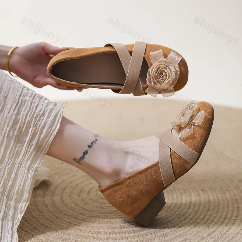 

Flower Design French Style Mary Jane Women's Shoes 2025 New Slip on Elastic Band Thick Heel Single Shoes Elegant Versatile Pumps