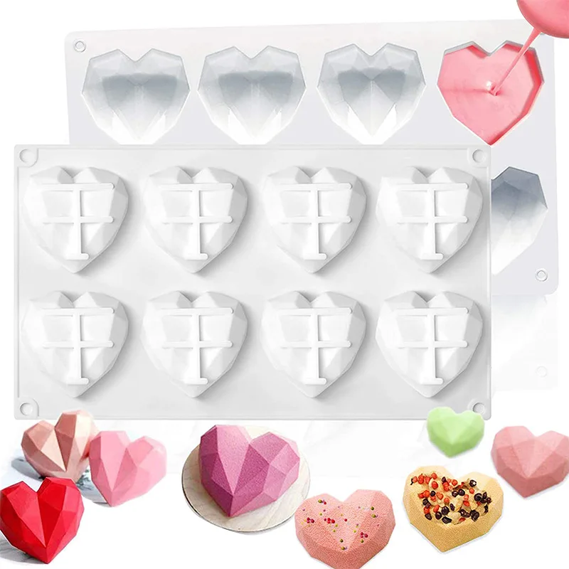 Silicone Diamond Love Baking Mold Set Letter Number Molds 1/6/8 Cavity Heart Mousse Pastry Cake Chocolate Soap Candle Mould