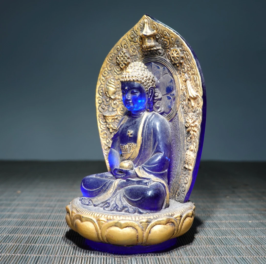 Ancient China Colored Glaze Blue Liuli Crystal Buddha Statue Feng Shui Home Decor Prayer Supplies Pray Kai Guang Ornaments view 2