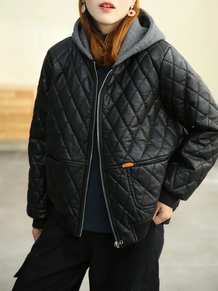 Amax luluE 2025 冬の女性のルースフェイクレザージャケットヨーロッパスタイルパッド入りパンクカジュアル PU コートヴィンテージ黒ゴシック服