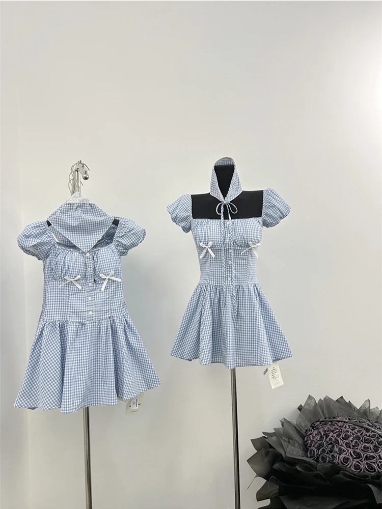 Summer Plaid French Vintage Mori Girl Prom Gown Mini Square Collar Dress Women Evening Fairy Core Bow Frocks Party One-Piece New