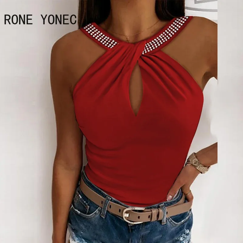 Women Chic Sexy Solid Criss Cross Rhinestone Sleeveless Summer Camis Crop Tops