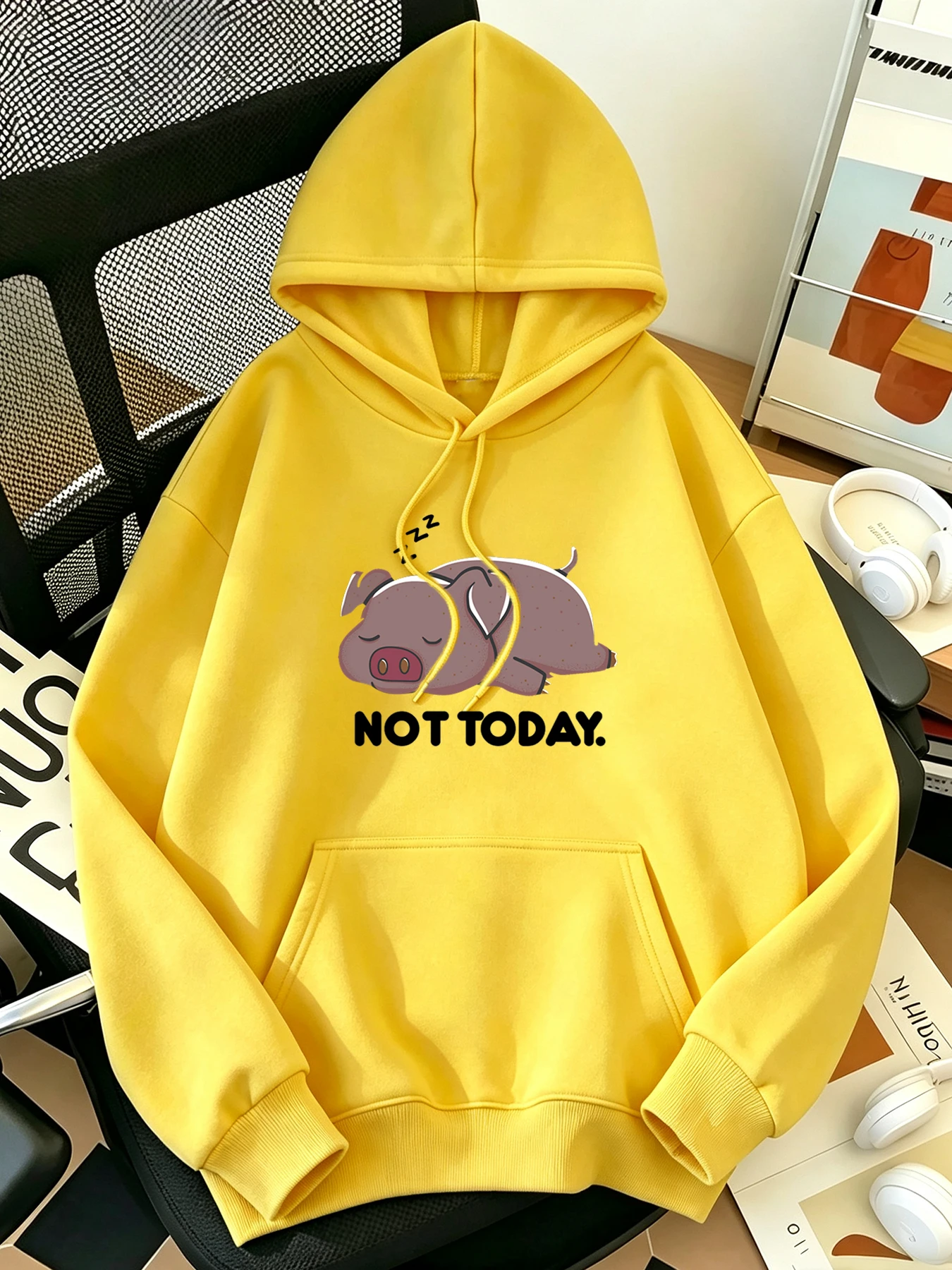 Not Today Cartoon Pig Printing Hoodie Women'S All-Match Simple Tops Casual Street Clothes Basic Fashion Fleece Sweatshirts
