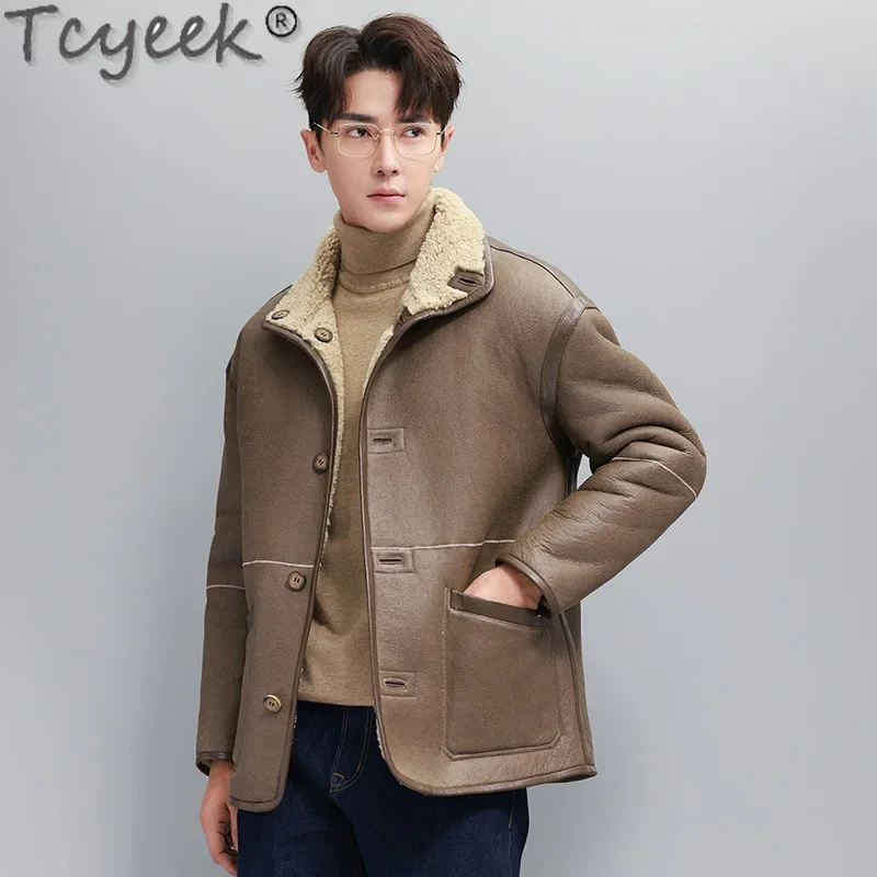 Tcyeek Natural Sheepskin Fur Coats Genuine Leather Jacket Men Winter Clothes Warm Real Fur Motocycle Jackets Casaco Masculino