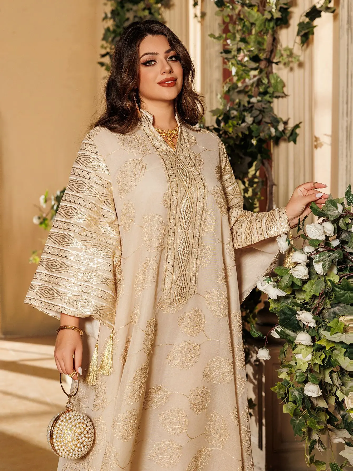 Muslim Women's Beige Islamic Embroidered Abaya with Gold Detailing Ideal for Formal Occasions in Middle East like UAE and Saudi